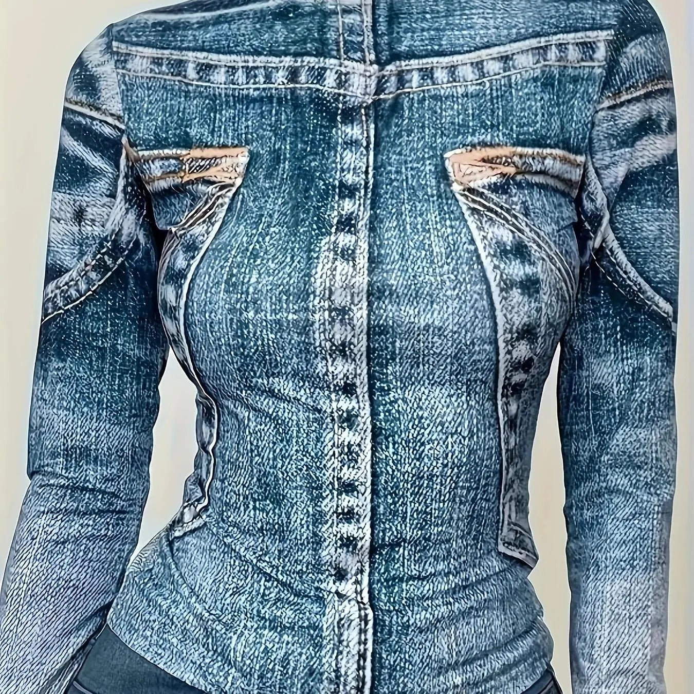 Women'WB shield Denim-effect Print Tee, Casual Long Sleeve Collared T-shirt for Daily Wear, Ladies TNF for Spiky hair...