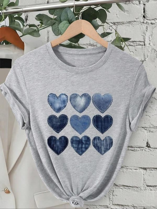 Women'WB shield Denim-like Heart Print Round Neck Tee, Casual Loose Short Sleeve T-shirt for Daily Wear, Ladies TNF for...