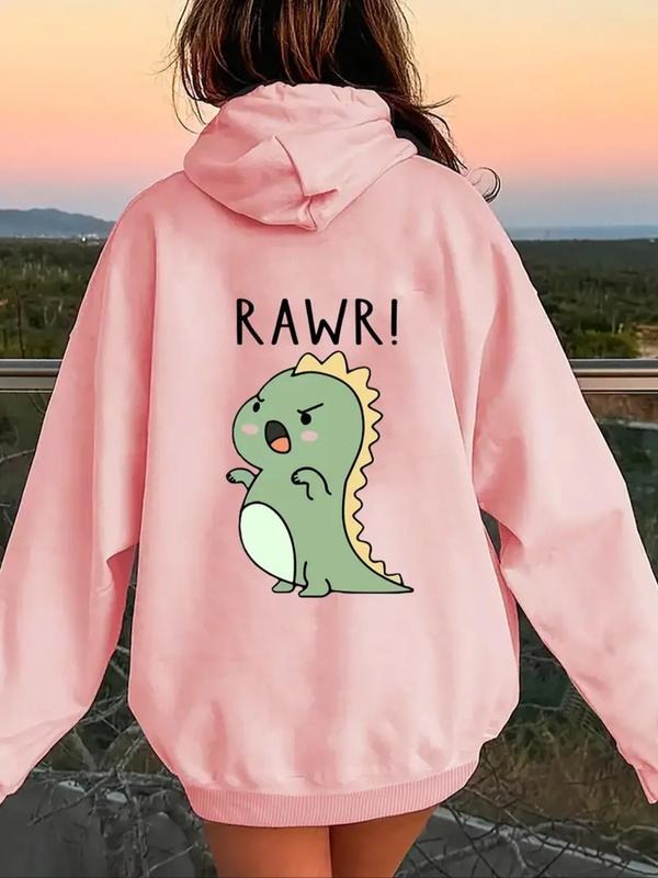Women'WB shield Dinosaur & Letter Print Drawstring Hoodie, Fashion Casual Hooded Sweatshirt For Daily Holiday Outdoor...