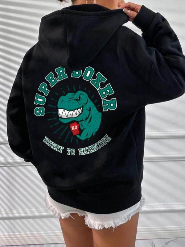 Women'WB shield Dinosaur & Letter Print Drop Shoulder Hoodie, Fashion Casual Drawstring Pocket Hooded Sweatshirt for...