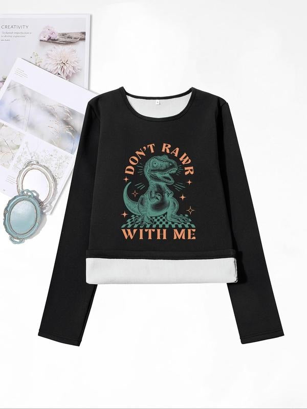 Women'WB shield Dinosaur & Letter Print Round Neck TNF Lined T-shirt, Casual Long Sleeve Crew Neck Tee for Fall & Winter,...