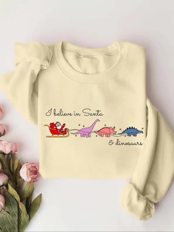 Women'WB shield Dinosaur & Santa Claus Print Crew Neck Pullover, Casual Long Sleeve Sweatshirt for Fall & Winter,...