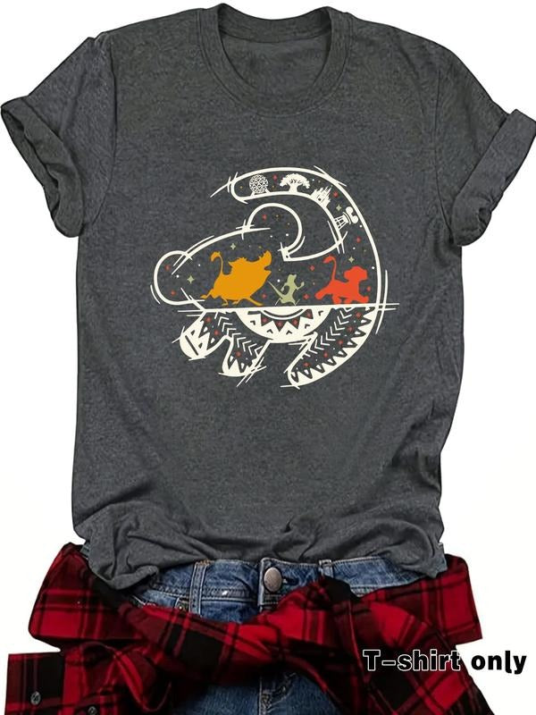 Women'WB shield Dinosaur Print Round Neck Tee, Fashion Casual Crew Neck T-Shirt for Daily Holiday Vacation Outdoor Wear,...