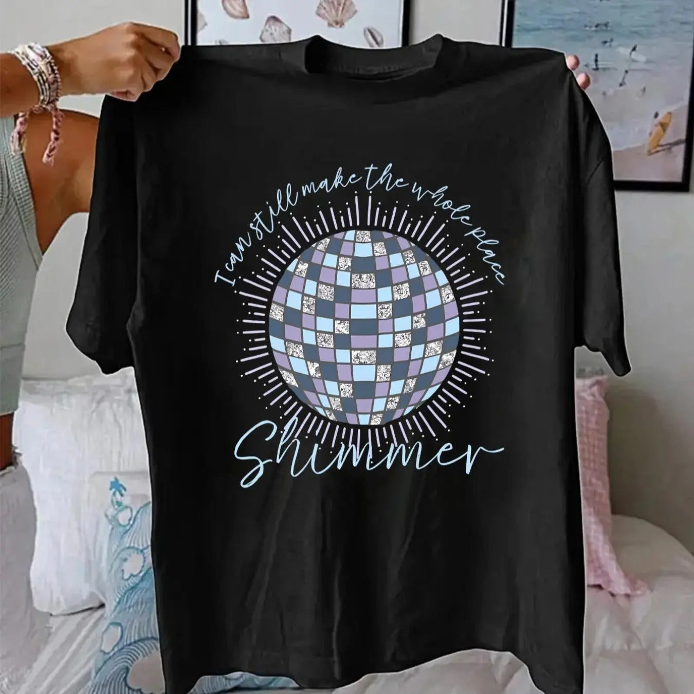 Women'WB shield Disco Spiky hair fighters & Letter Print Round Neck Tee, Fashion Casual Crew Neck T-Shirt for Daily...