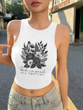 Women'WB shield Ditsy Floral & Letter Print Round Neck Tank Top, Casual Sleeveless Top for Summer, Ladies TNF for Daily...