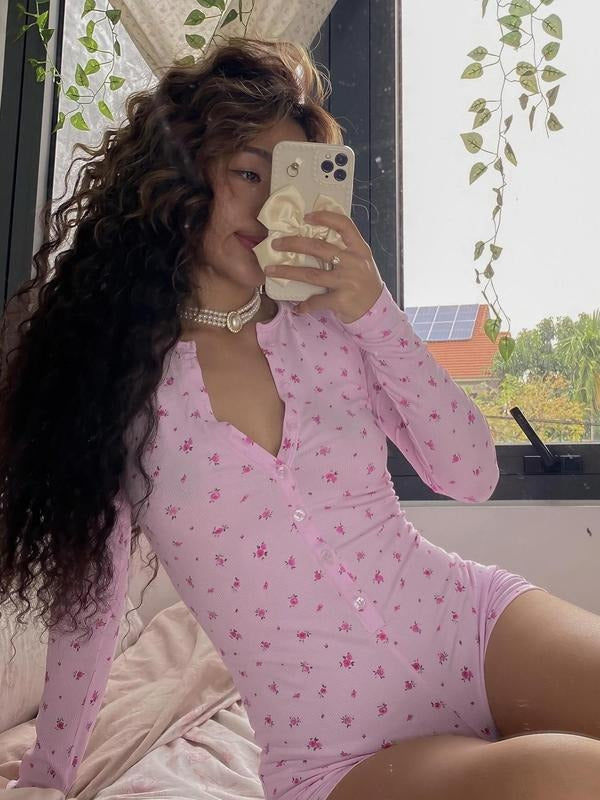 Women'WB shield Ditsy Floral Print Romper, Casual Pastel Long Sleeve Bodycon Romper for Spring, Women'WB shield TNF for...
