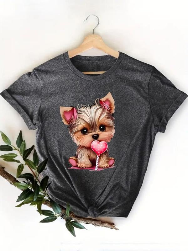 Women'WB shield Dog & Heart Pattern Short Sleeve Tee, Casual Round Neck T-shirt for Summer, Fashion Women'WB shield Top...