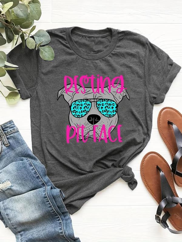 Women'WB shield Dog & Letter Graphic Round Neck Short Sleeve Tee, Fashion Casual Crew Neck T-shirt for Daily Holiday...