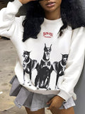 Women'WB shield Dog & Letter Print Drop Shoulder Sweatshirt, Casual Long Sleeve Round Neck Pullover for Fall & Winter,...