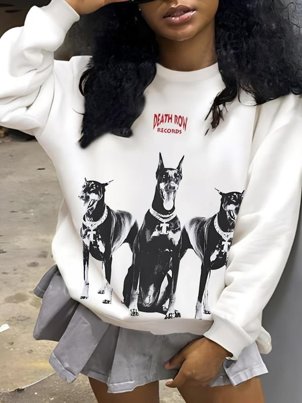 Women'WB shield Dog & Letter Print Drop Shoulder Sweatshirt, Casual Long Sleeve Round Neck Pullover for Fall & Winter,...