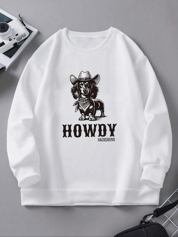 Women'WB shield Dog & Letter Print Drop Shoulder Sweatshirt, Casual Long Sleeve Round Neck Pullover for Fall & Winter,...