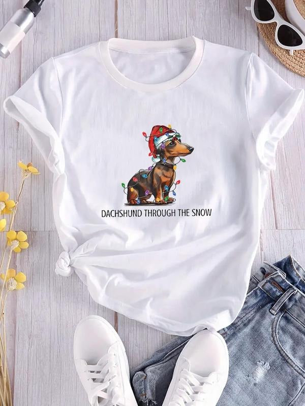 Women'WB shield Dog & Letter Print Round Neck Tee, Casual Short Sleeve Crew Neck T-shirt for Daily Wear, Ladies TNF for...