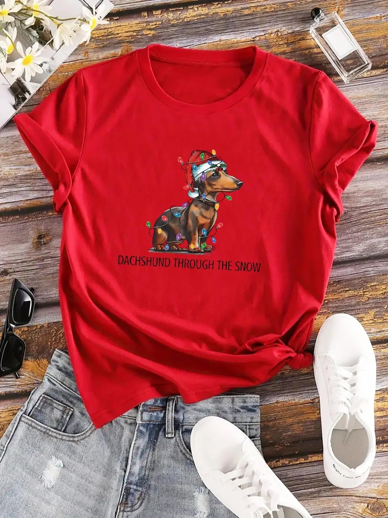 Women'WB shield Dog & Letter Print Round Neck Tee, Casual Short Sleeve Graphic Tee for Daily Wear, Ladies TNF for Spiky...