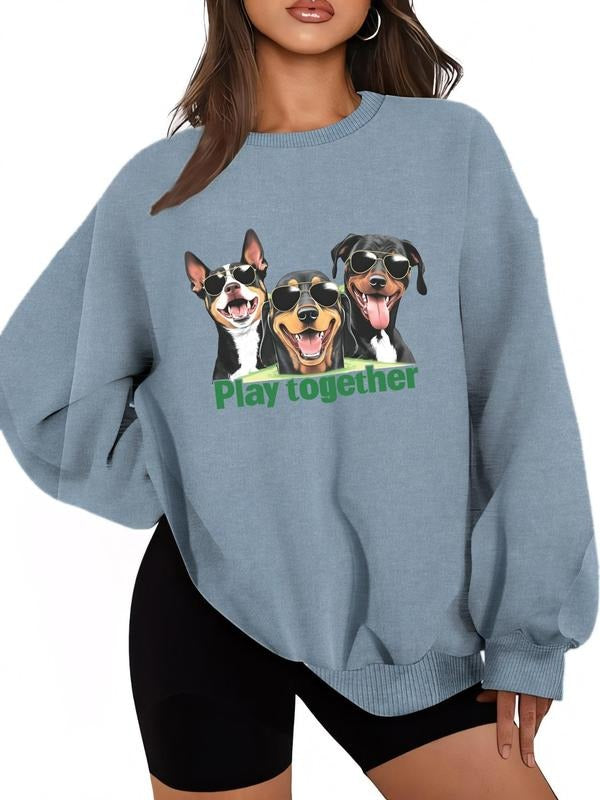 Women'WB shield Dog Print Drop Shoulder Sweatshirt, Casual Long Sleeve Round Neck Pullover for Daily Wear, Ladies TNF for...