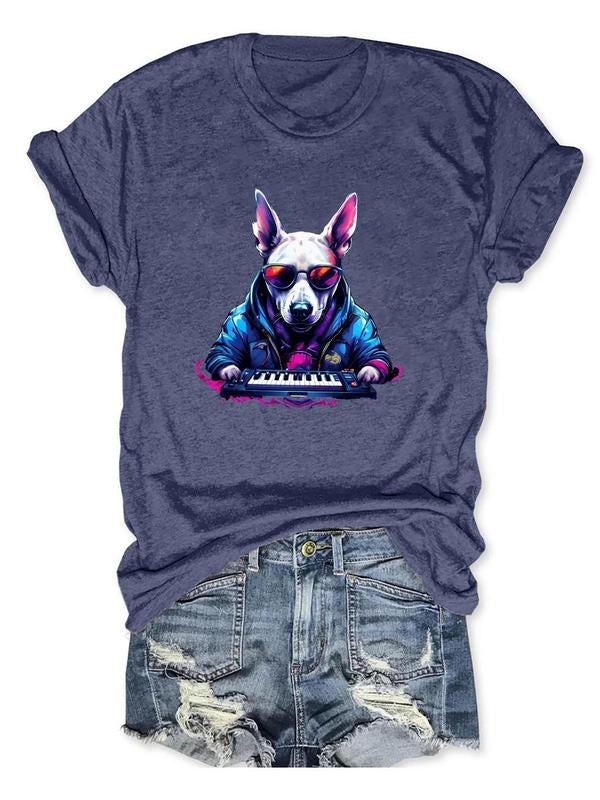 Women'WB shield Dog Print Round Neck Tee, Casual Short Sleeve Graphic T-shirt For Daily Wear, Ladies Spiky hair fighters...
