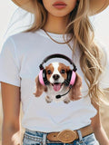 Women'WB shield Dog Print Round Neck Tee, Casual Short Sleeve T-shirt for Daily Wear, Ladies TNF for Spiky hair fighters...