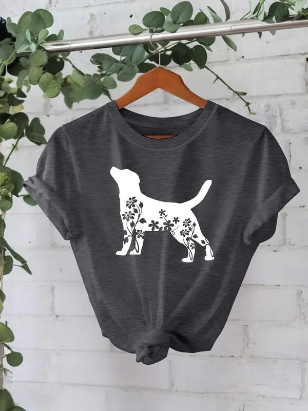 Women'WB shield Dog Print Round Neck Tee, Fashion Casual Crew Neck T-Shirt for Daily Holiday Vacation Outdoor Wear,...