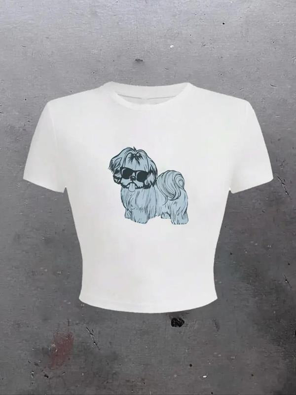 Women'WB shield Dog Print Round Neck Tee, Fashion Casual Crew Neck T-shirt for Daily Holiday Vacation Outdoor Wear,...