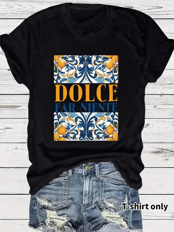 Women'WB shield Dolece Far Niente Print Round Neck Tee, Casual Fashion Short Sleeve T-shirt for Summer, Ladies TNF for...