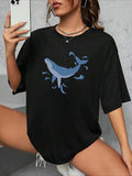 Women'WB shield Dolphin Print Drop Shoulder Tee, Casual Half Sleeve Round Neck T-shirt for Summer, Ladies TNF for Daily...