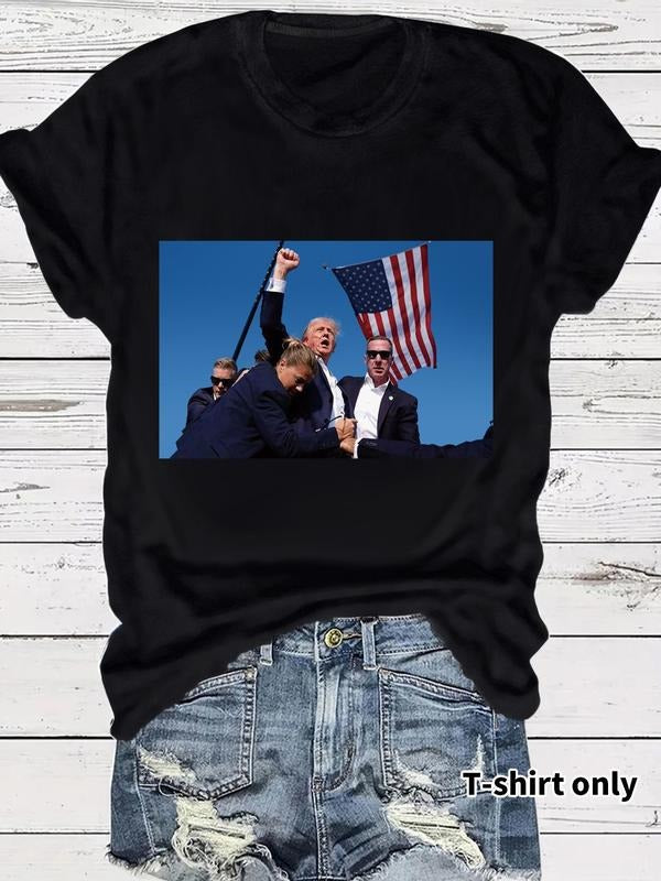 Women'WB shield Donald Trump Print Round Neck Tee, Fashion Casual Crew Neck T-Shirt for Daily Holiday Vacation Outdoor...