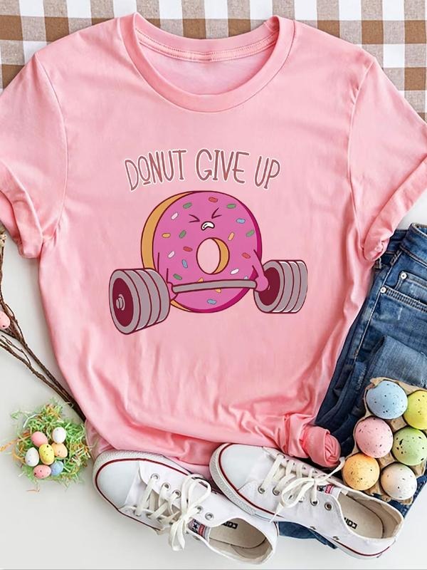 Women'WB shield Donut & Letter Print Round Neck Tee, Fashion Casual Crew Neck T-Shirt for Daily Holiday Vacation Outdoor...