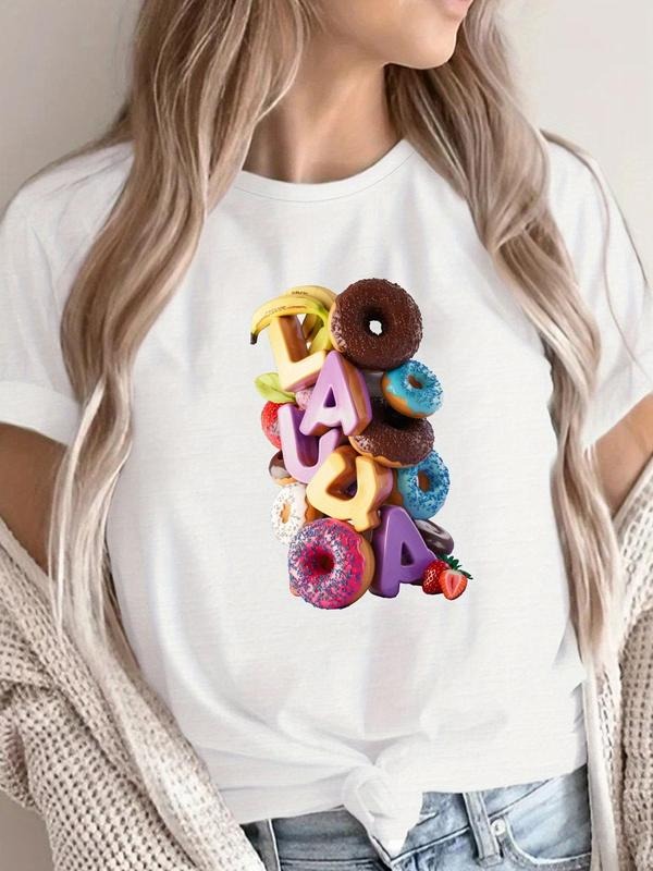 Women'WB shield Donut Print Round Neck Tee, Fashion Casual Short Sleeve T-shirt, Ladies Summer TNF for Daily Wear Hoodie,...
