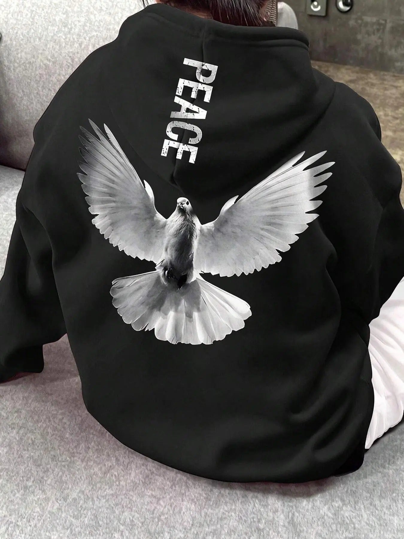 Women'WB shield Dove & Letter Print Drop Shoulder Hoodie, Fashion Casual Drawstring Pocket Hooded Sweatshirt for Daily...