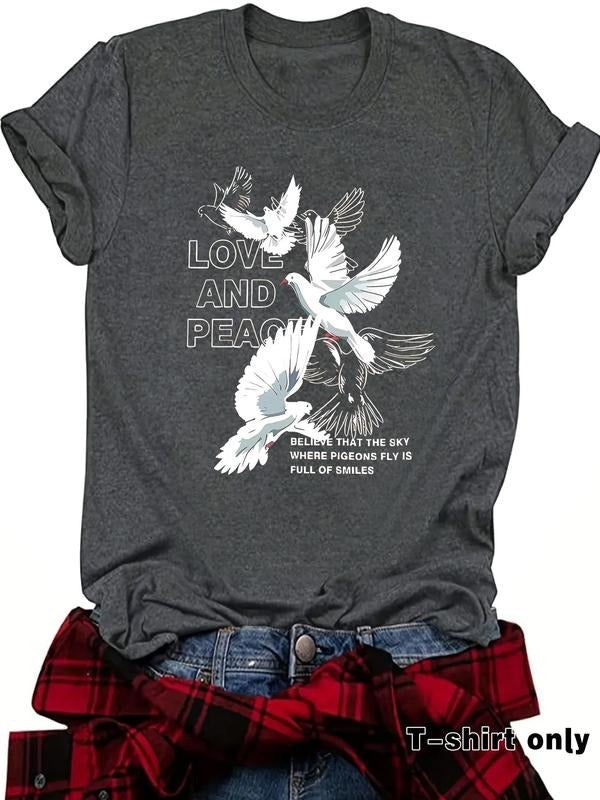 Women'WB shield Dove Print Round Neck Tee, Fashion Casual Crew Neck T-Shirt for Daily Holiday Vacation Outdoor Wear,...