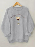Women'WB shield Drink & Letter Print Crew Neck Sweatshirt, Casual Long Sleeve Pullover for Fall & Winter, Women'WB shield...