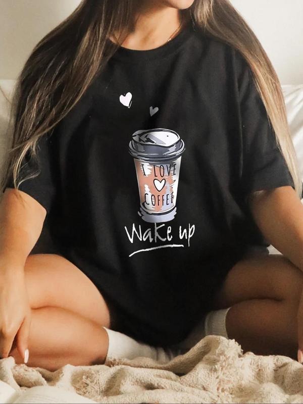 Women'WB shield Drink & Letter Print Round Neck Tee, Casual Comfy Graphic Short Sleeve T-shirt for Summer, Fashion...