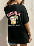 Women'WB shield Drink & Letter Print Round Neck Tee, Fashion Casual Cartoon Print Drop Shoulder Half Sleeve T-Shirt for...