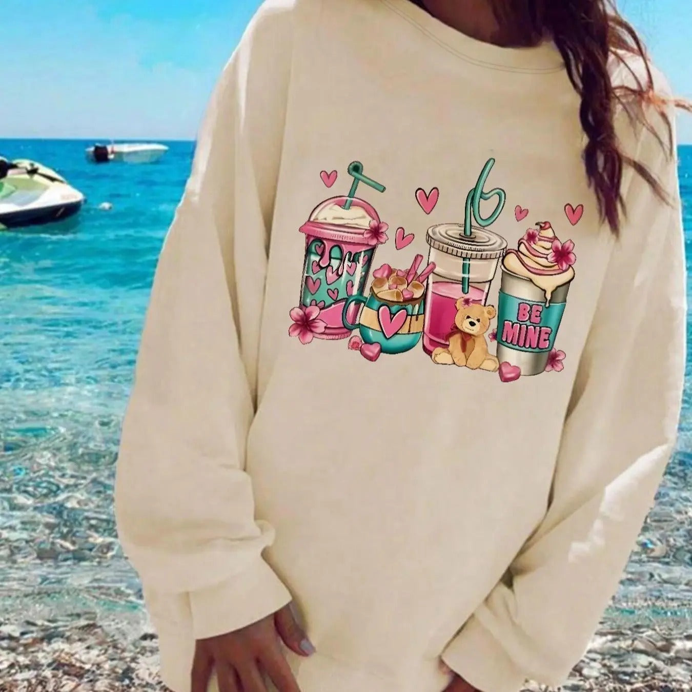 Women'WB shield Drink Print Drop Shoulder TNF Lined Sweatshirt, Casual Long Sleeve Round Neck Pullover for Fall & Winter,...