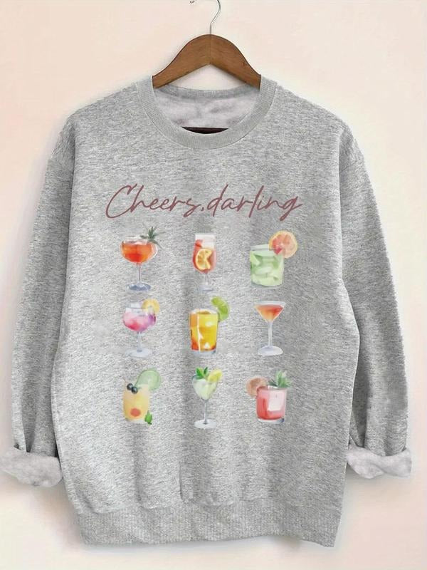 Women'WB shield Drinks Print Crew Neck Sweatshirt, Casual Drop Shoulder Long Sleeve Pullover, Women'WB shield Fall &...