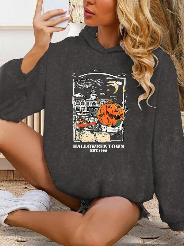 Women'WB shield Drop Shoulder Hoodie, Fashion Casual Halloween Print Long Sleeve Hooded Sweatshirt for Daily Holiday...