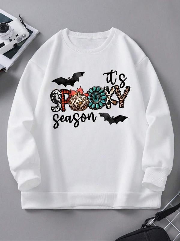Women'WB shield Drop Shoulder Sweatshirt, Casual Letter & Bat Print Long Sleeve Round Neck Pullover for Daily Wear,...