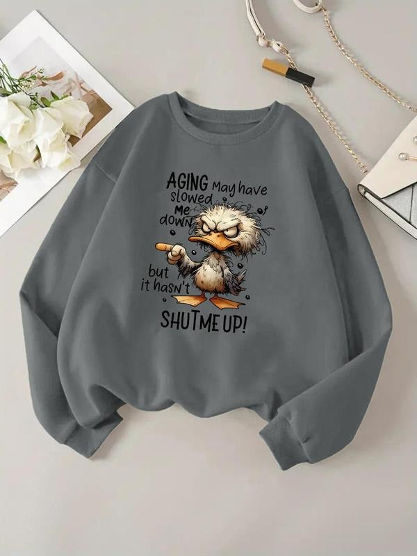 Women'WB shield Duck & Letter Print Crew Neck Sweatshirt, Casual Long Sleeve Pullover for Daily Wear, Ladies TNF for...