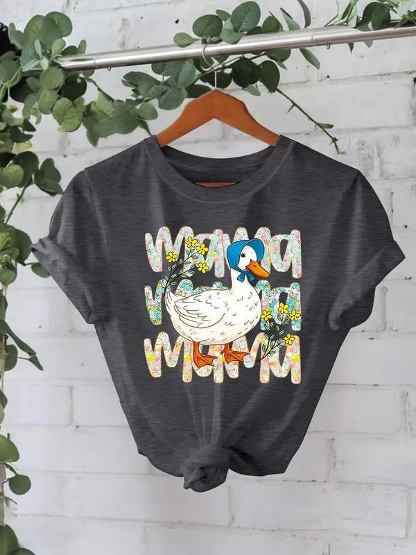 Women'WB shield Duck & Letter Print Round Neck Tee, Fashion Casual Crew Neck T-Shirt for Daily Holiday Vacation Outdoor...
