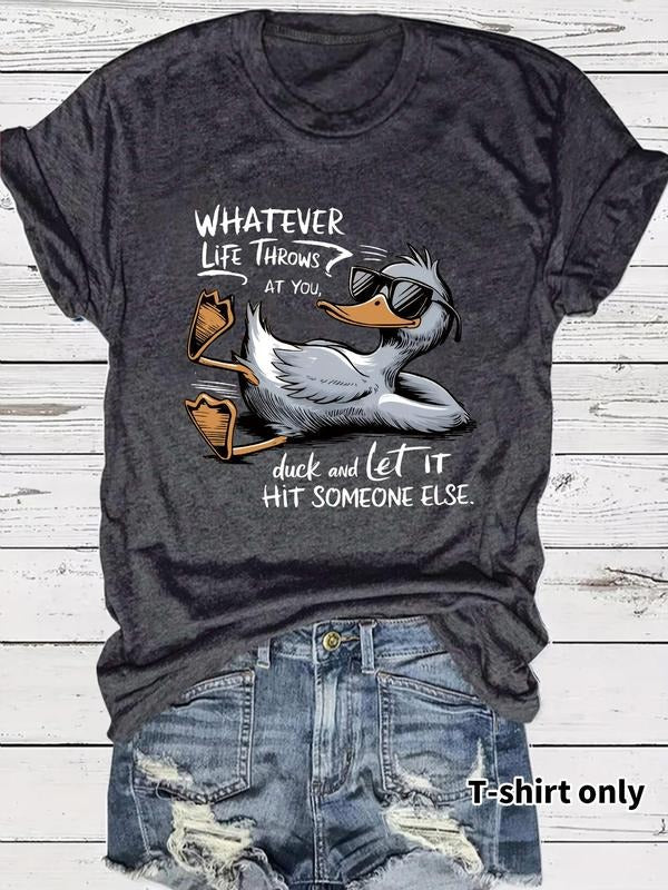 Women'WB shield Duck & Letter Print Round Neck Tee, Fashion Casual Crew Neck T-Shirt for Daily Holiday Vacation Outdoor...