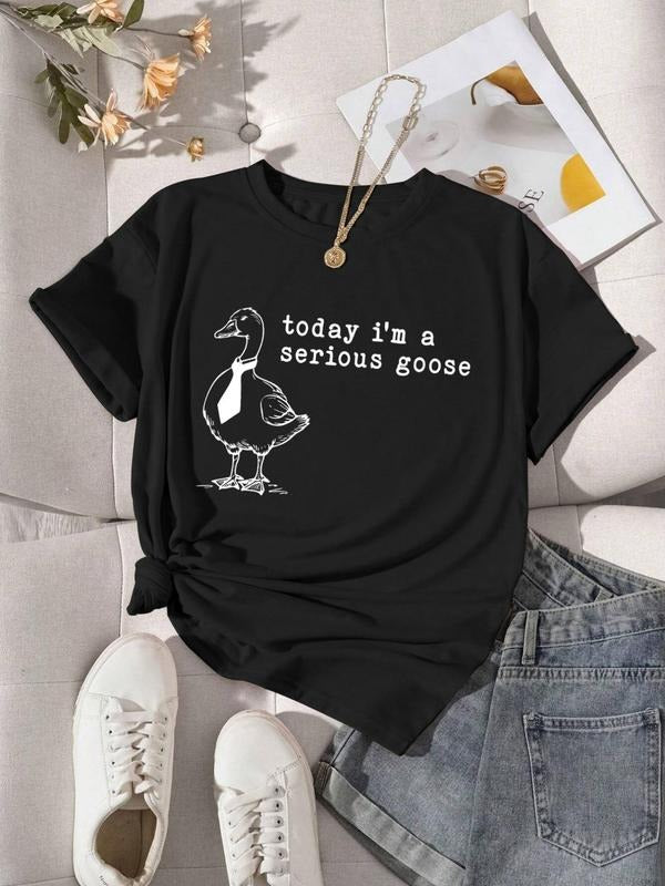 Women'WB shield Duck & Letter Print Round Neck Tee, Fashion Casual Crew Neck T-Shirt for Daily Holiday Vacation Outdoor...
