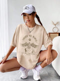 Women'WB shield Eagle & Cactus Print Drop Shoulder Tee, Casual Letter Graphic Half Sleeve Round Neck T-Shirt for Daily...