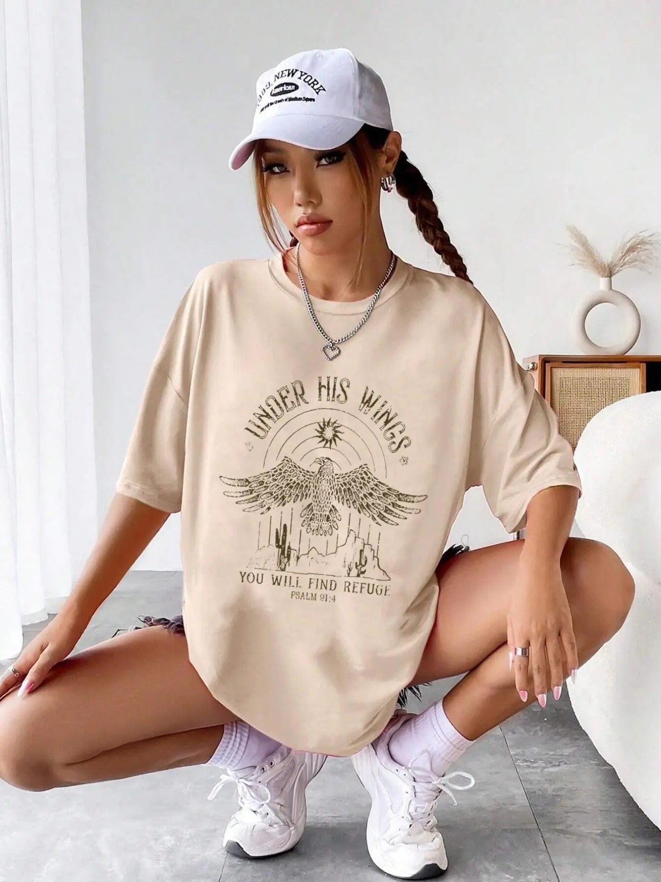 Women'WB shield Eagle & Cactus Print Drop Shoulder Tee, Casual Letter Graphic Half Sleeve Round Neck T-Shirt for Daily...