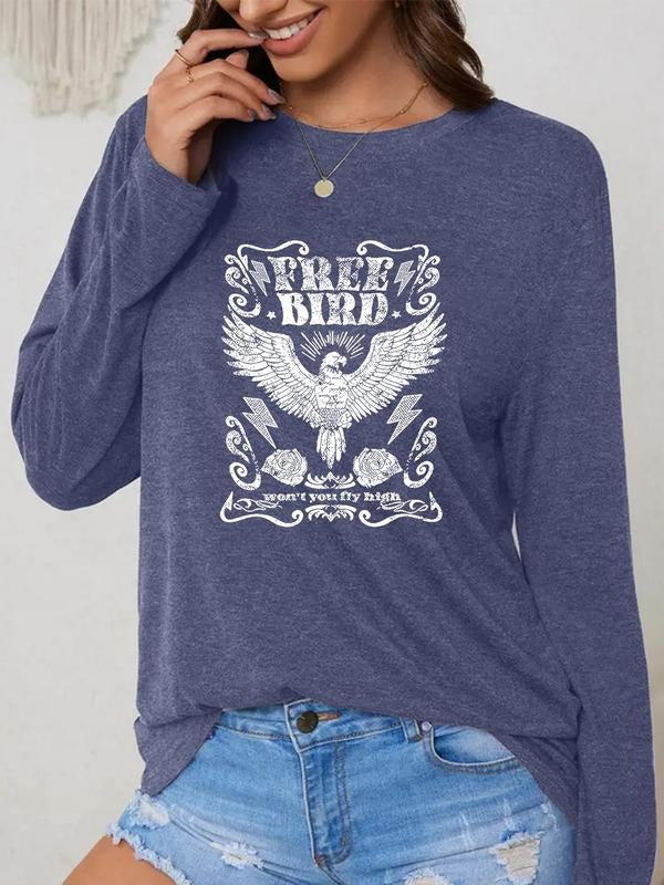 Women'WB shield Eagle & Letter Print Round Neck Tee, Fashion Casual Long Sleeve T-shirt for Daily Wear, Ladies TNF for...