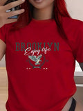Women'WB shield Eagle & Letter Print Round Neck Tee, Trendy Casual Crew Neck T-shirt for Daily Wear, Ladies Summer, Top...