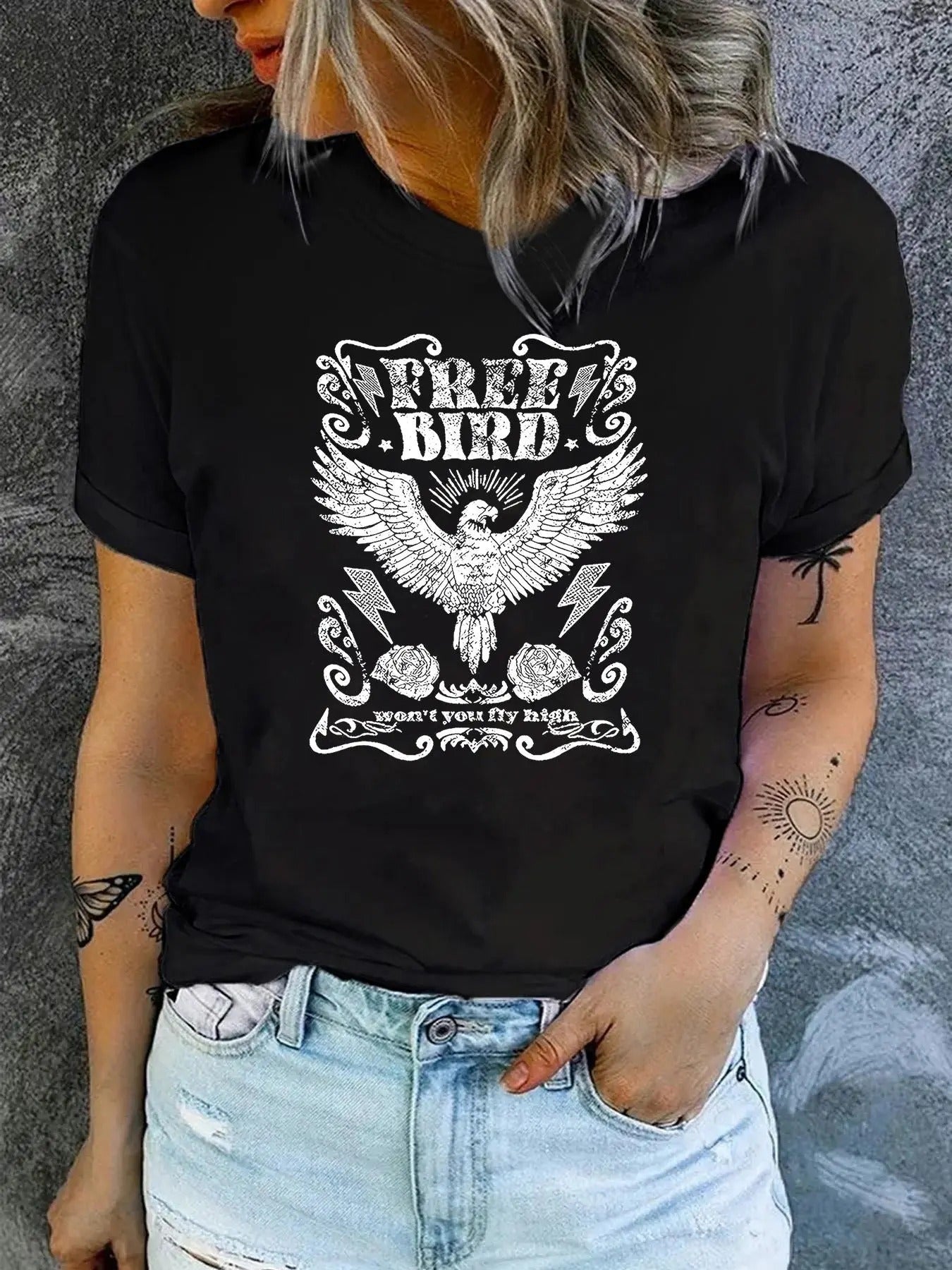 Women'WB shield Eagle Letter Print Round Neck Tee, Fashion Casual Crew Neck Short Sleeve T-shirt for Daily Holiday...