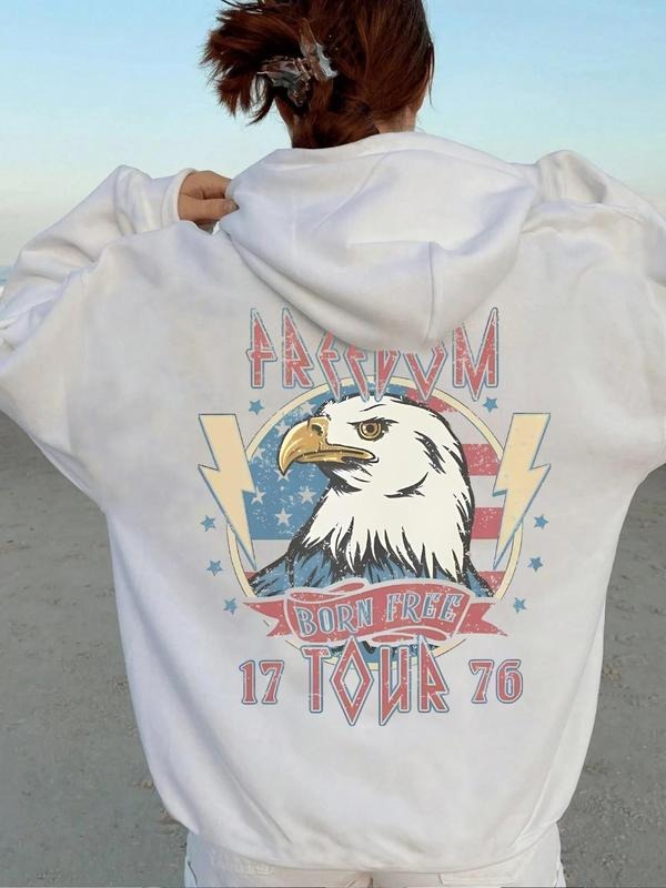 Women'WB shield Eagle Print Drop Shoulder Drawstring Hoodie, Fashion Casual Letter Print Kangaroo Pocket Hooded...