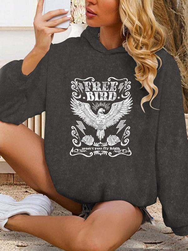 Women'WB shield Eagle Print Drop Shoulder Graphic Hoodie, Fashion Casual Letter Print Hooded Sweatshirt for Daily Holiday...