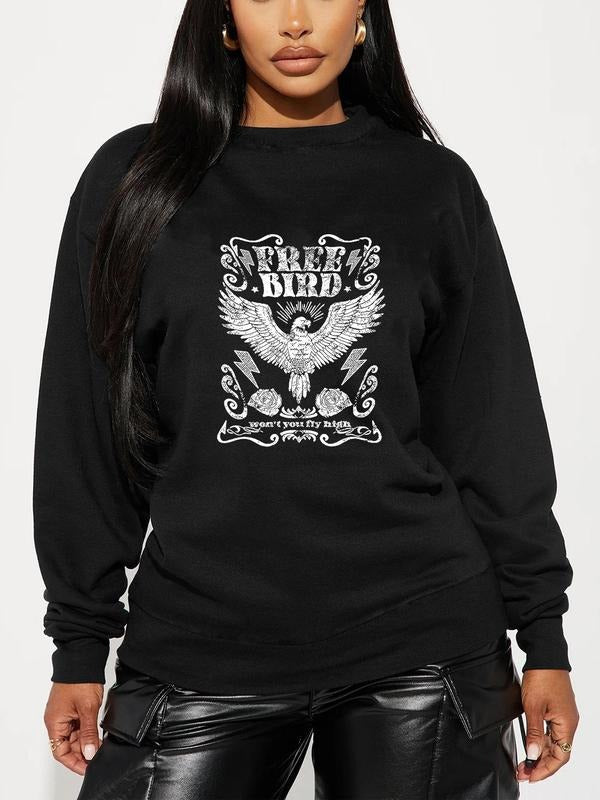 Women'WB shield Eagle Print Drop Shoulder Sweatshirt As Halloween Gift, Casual Letter Print Long Sleeve Round Neck...
