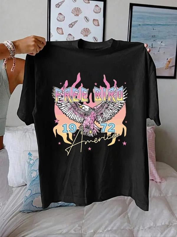 Women'WB shield Eagle Print Round Neck Graphic Tee, Vintage Trendy Casual Drop Shoulder Short Sleeve T-shirt for Daily...