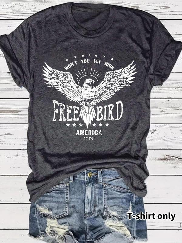 Women'WB shield Eagle Print Round Neck Tee, Fashion Casual Crew Neck T-Shirt for Daily Holiday Vacation Outdoor Wear,...